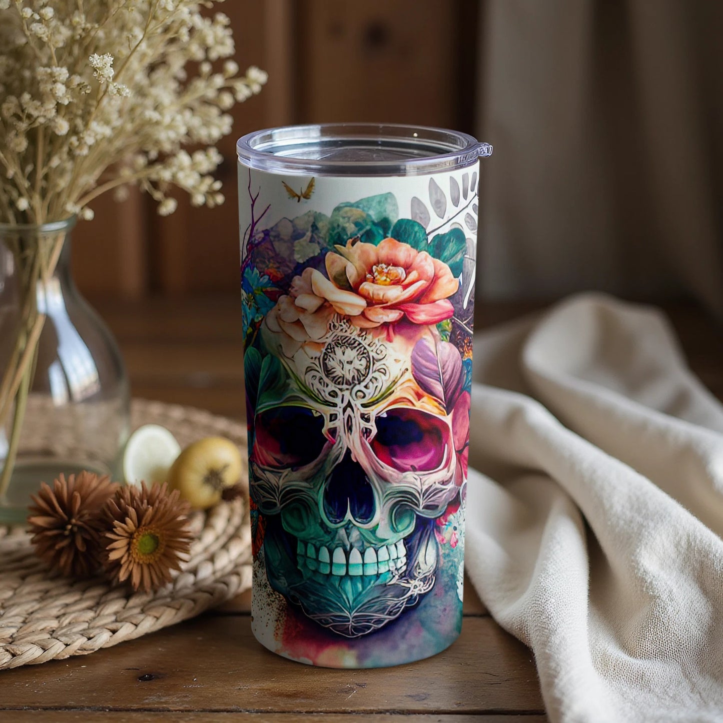 Colorful Skull Design with Floral Accents Tumbler