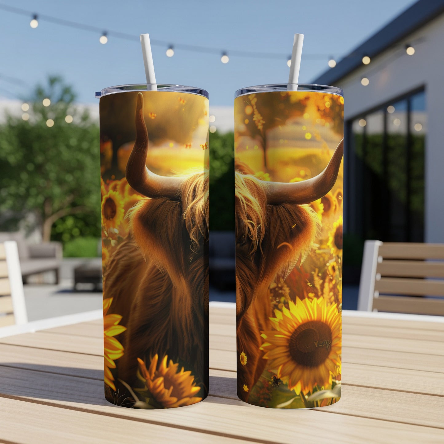 Highland cow with sunflowers on a tumbler.