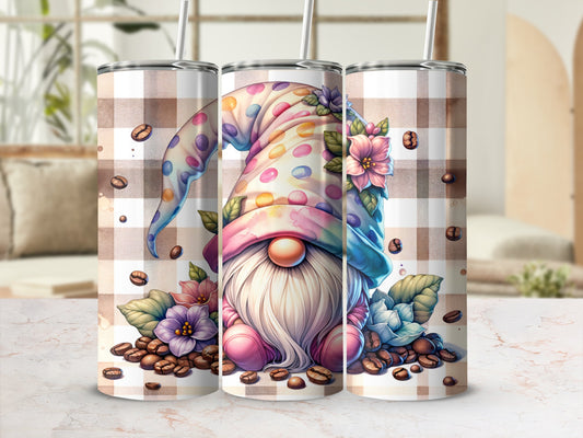 Three tumblers with a gnome design, surrounded by coffee beans.