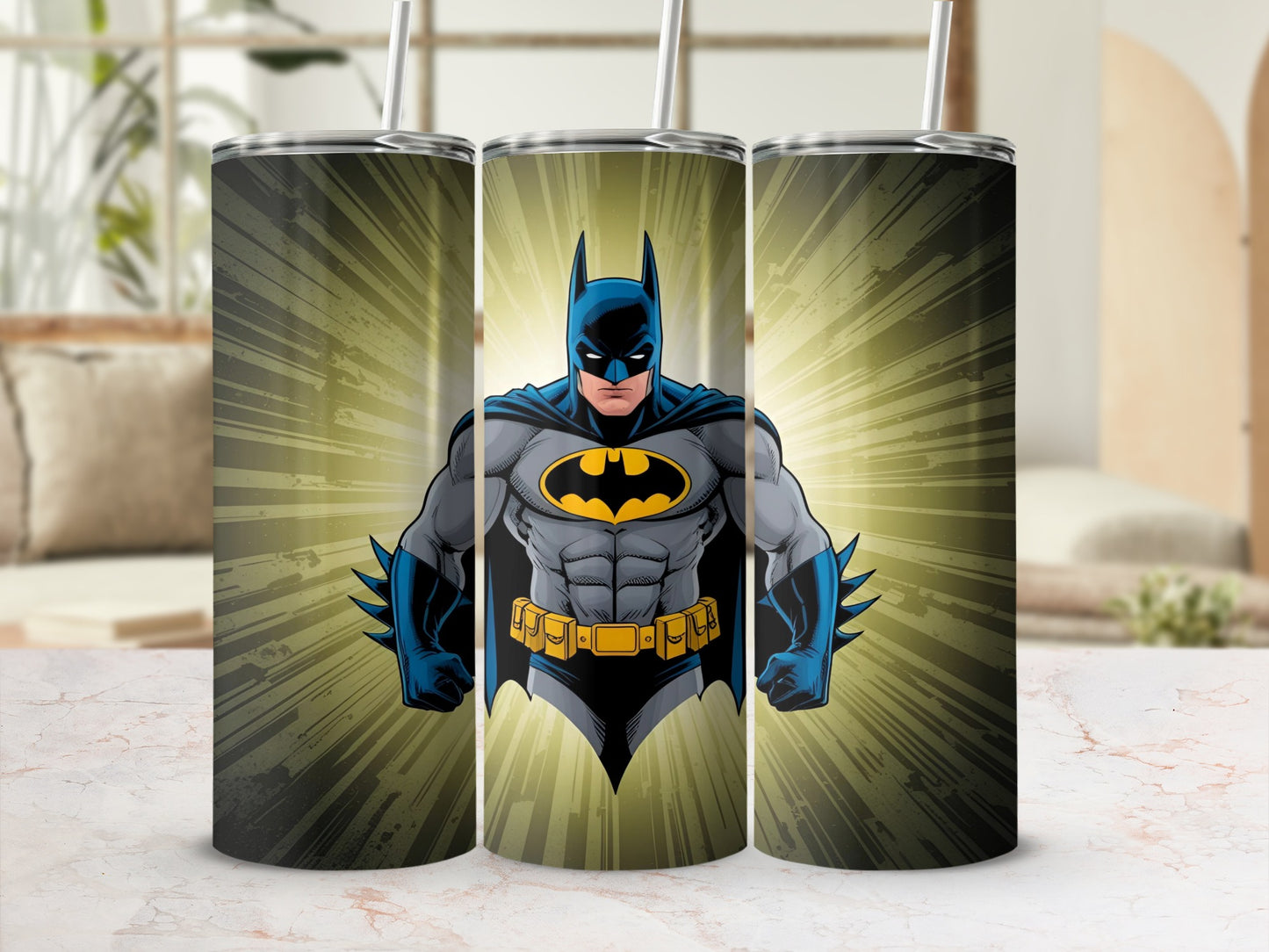Batman illustration on three tumblers with straw.