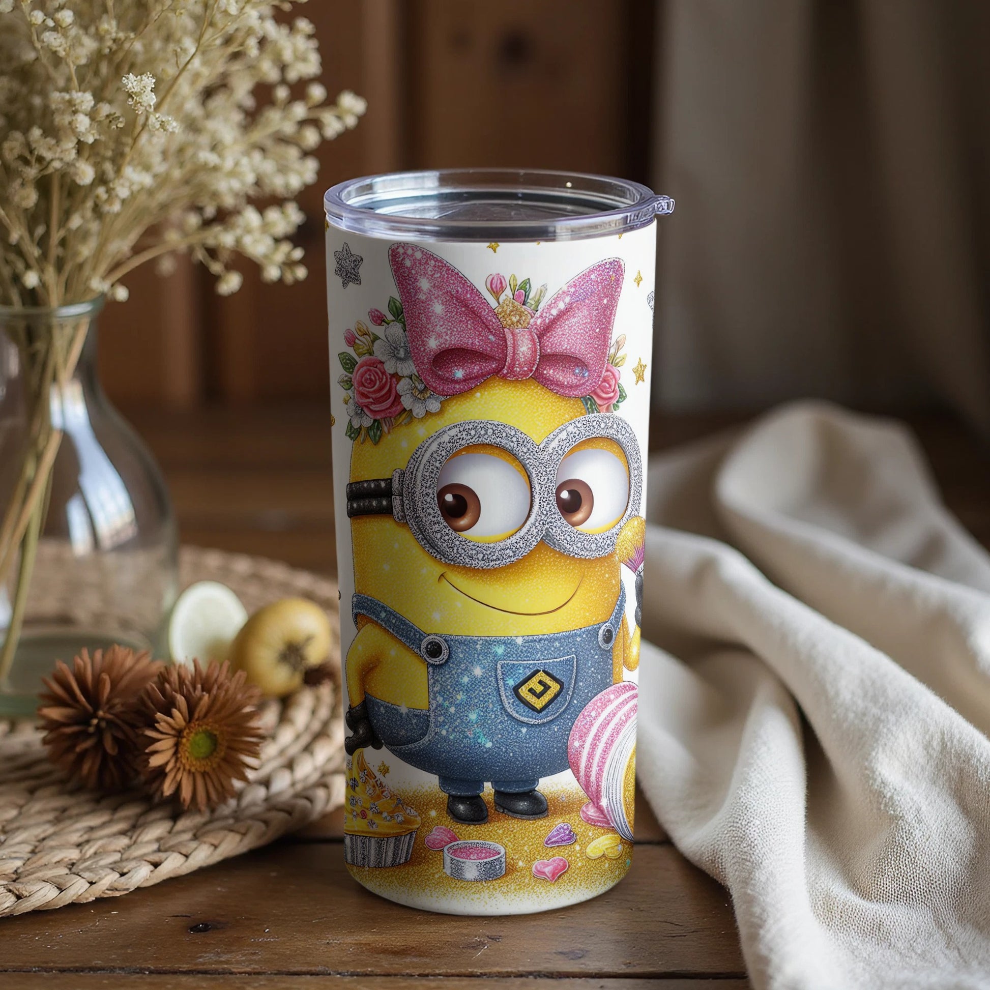 Cute Minion Themed Tumbler with Pink Bow and Glitter