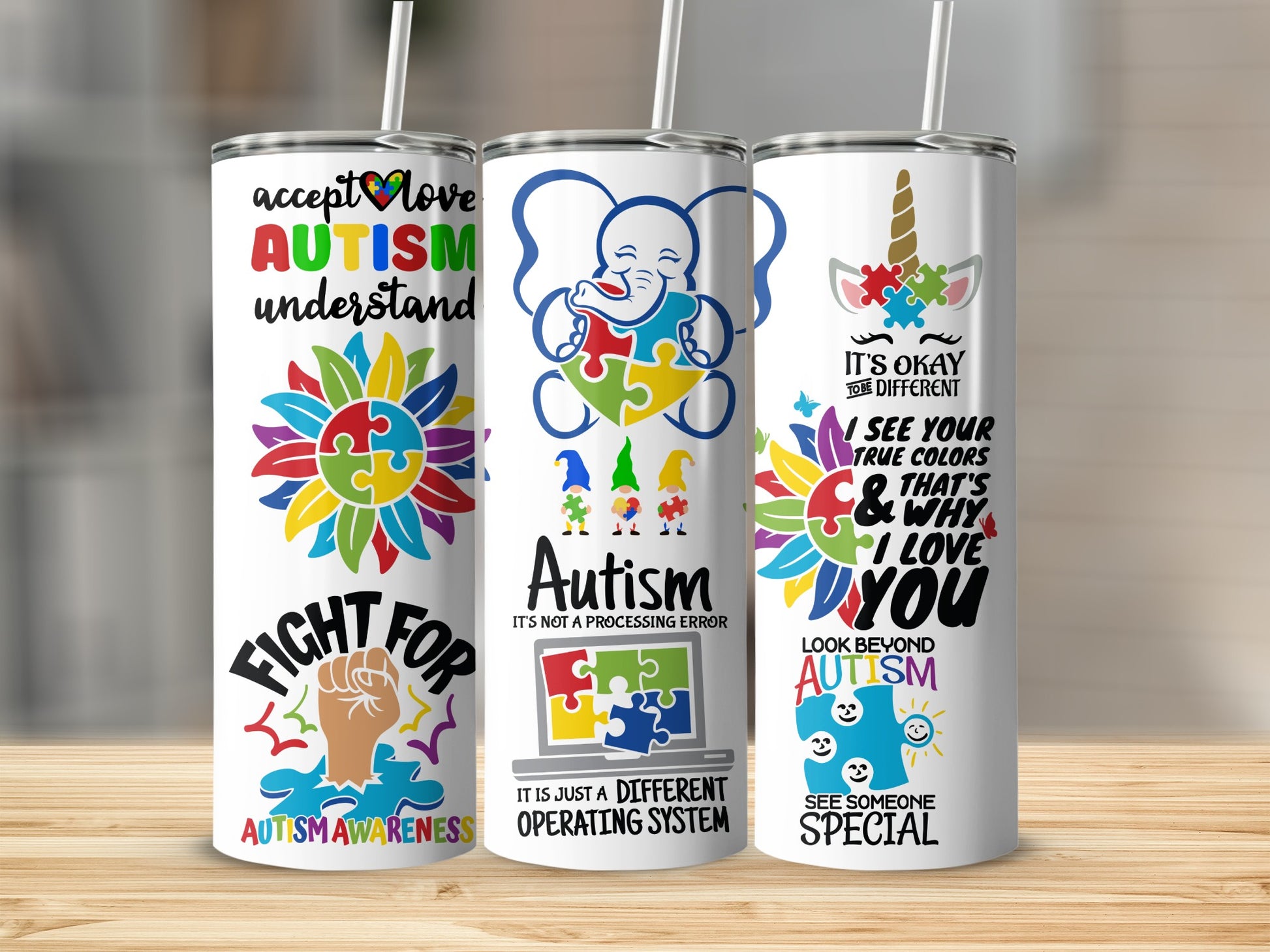 Unique Colorful Designs Autism Awareness Tumbler