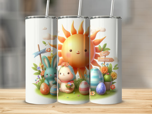 Easter bunnies and eggs with a smiling sun, on a white background.