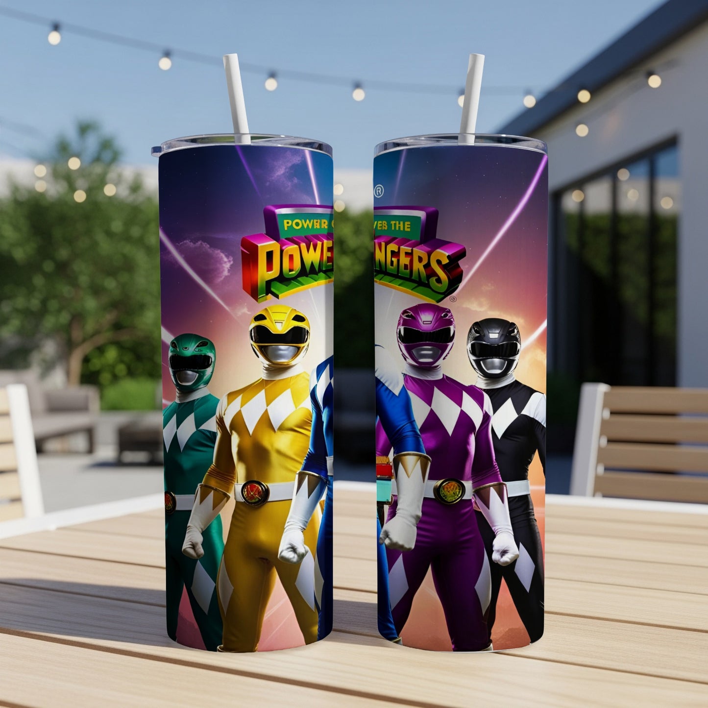Two Power Rangers tumblers with characters and the Power Rangers logo.