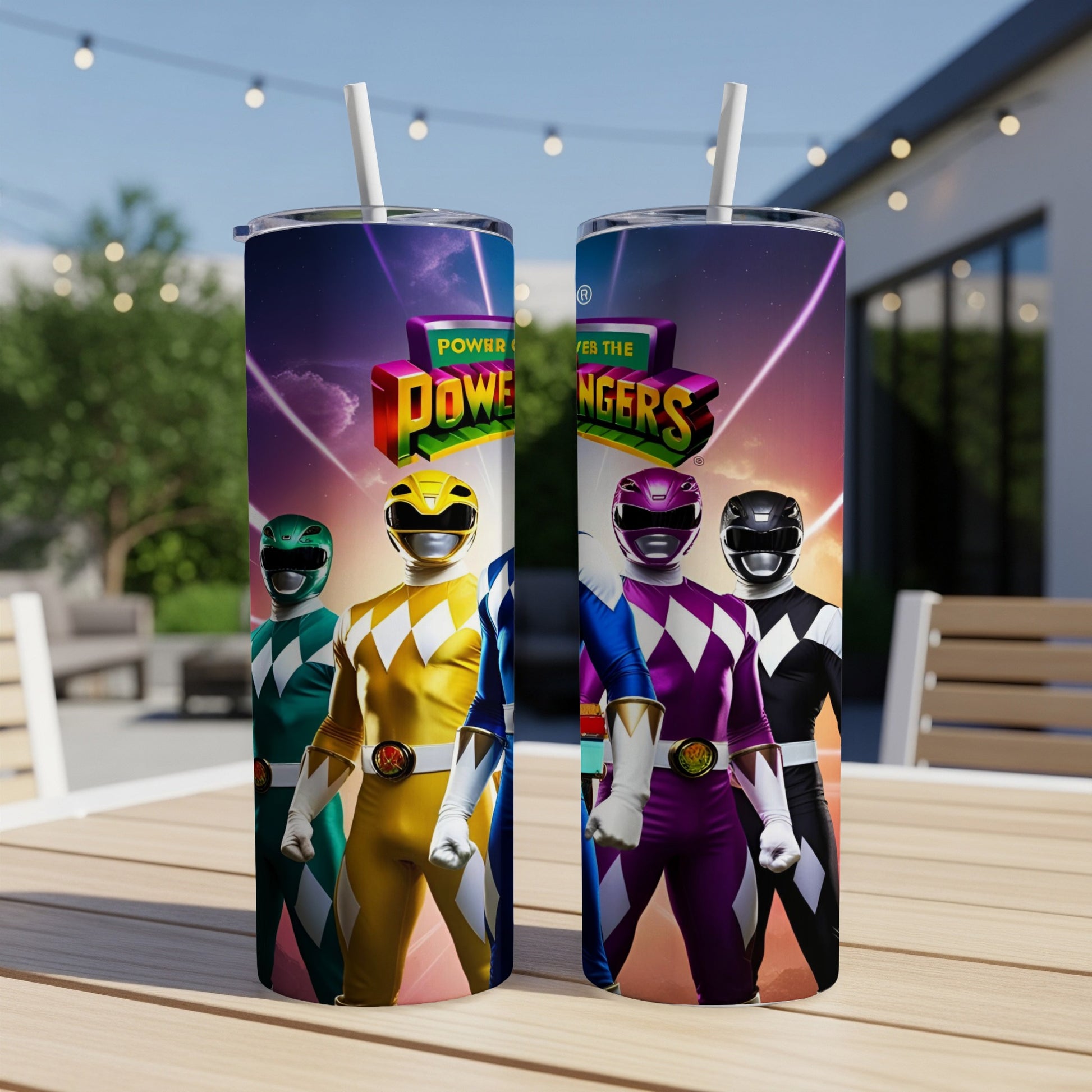 Two Power Rangers tumblers with characters and the Power Rangers logo.