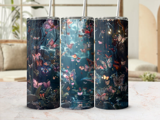 Three tumblers with a starry night sky and butterflies design.