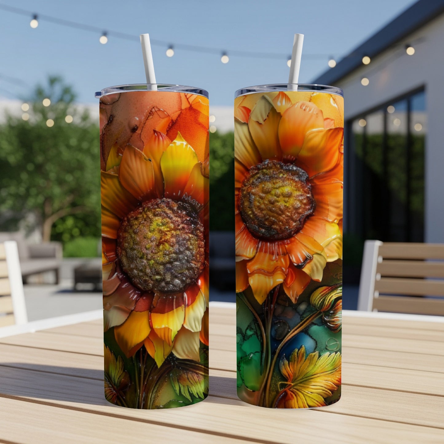 Two tumblers with a realistic sunflower design sit on a wooden table.