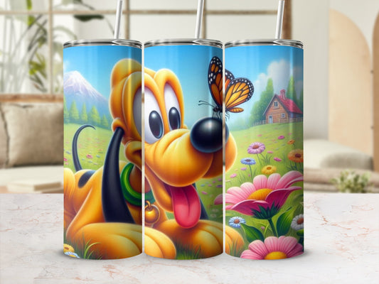 Colorful Happy Dog with Butterfly and Flowers Tumbler
