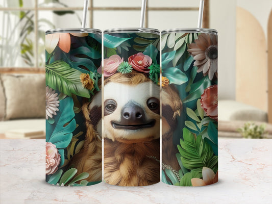Sloth wearing flower crown surrounded by tropical leaves on three tumblers.