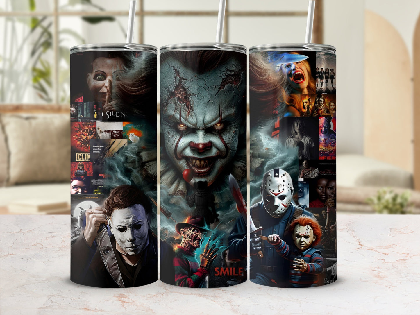 Horror movie characters and collage on a tumbler.