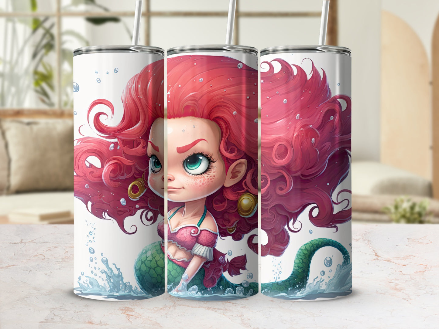 Vibrant Cartoon Mermaid with Red Hair Tumbler Design