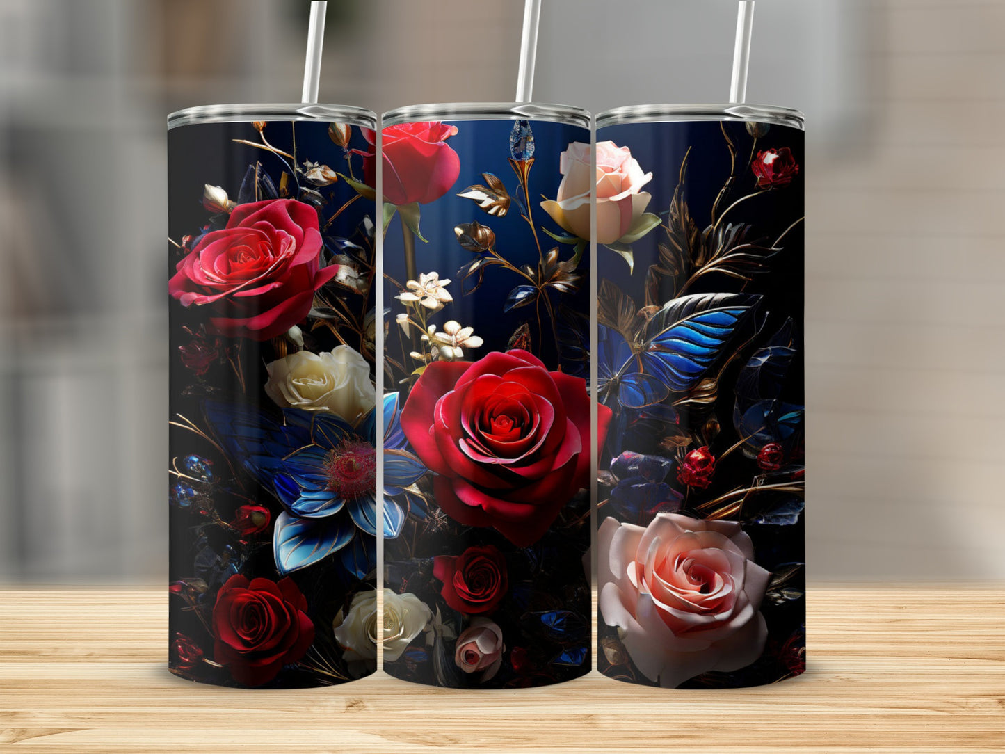 Three tumblers with a dark floral design featuring red and white roses.