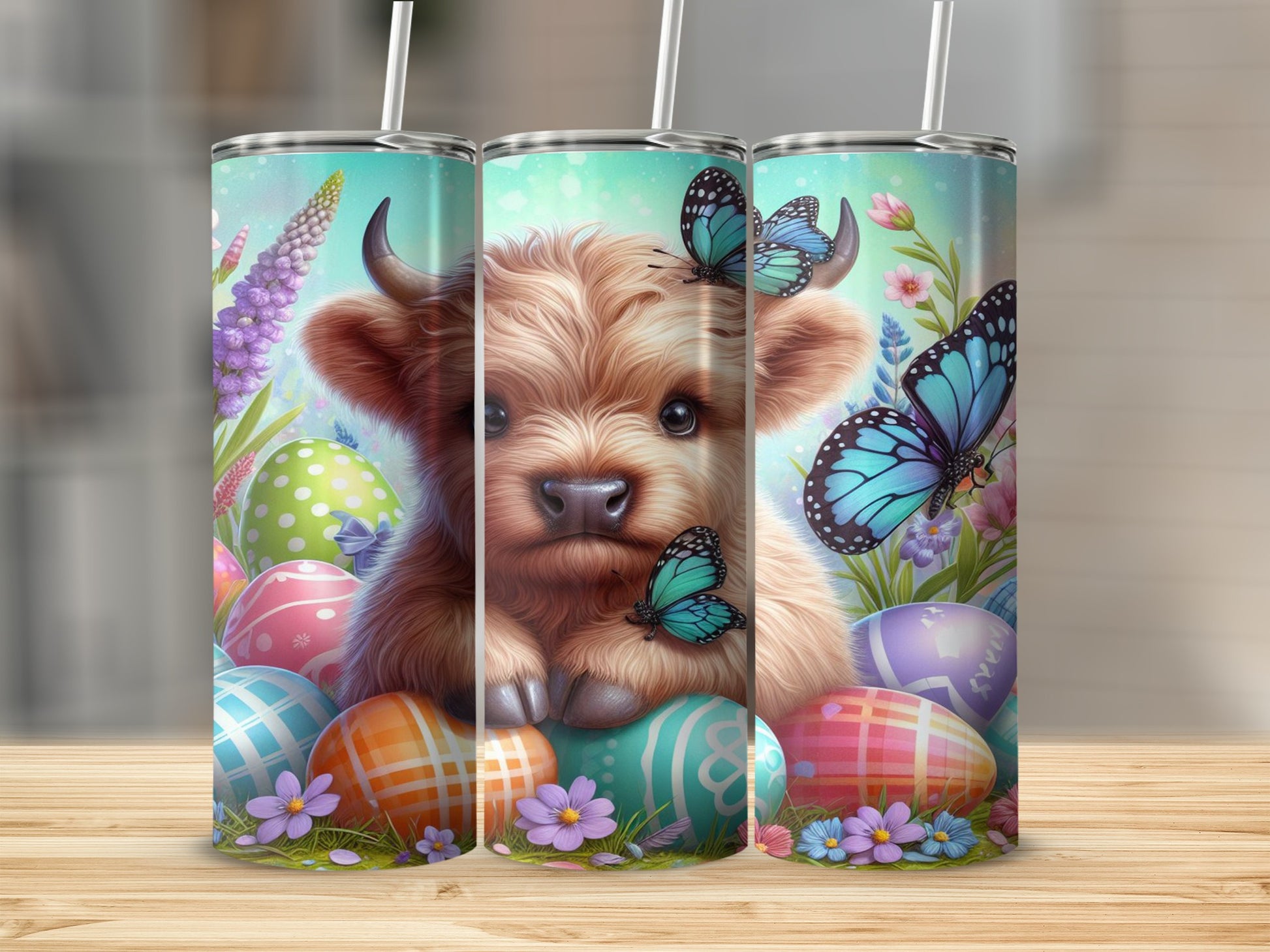 Fluffy calf with butterflies and Easter eggs.