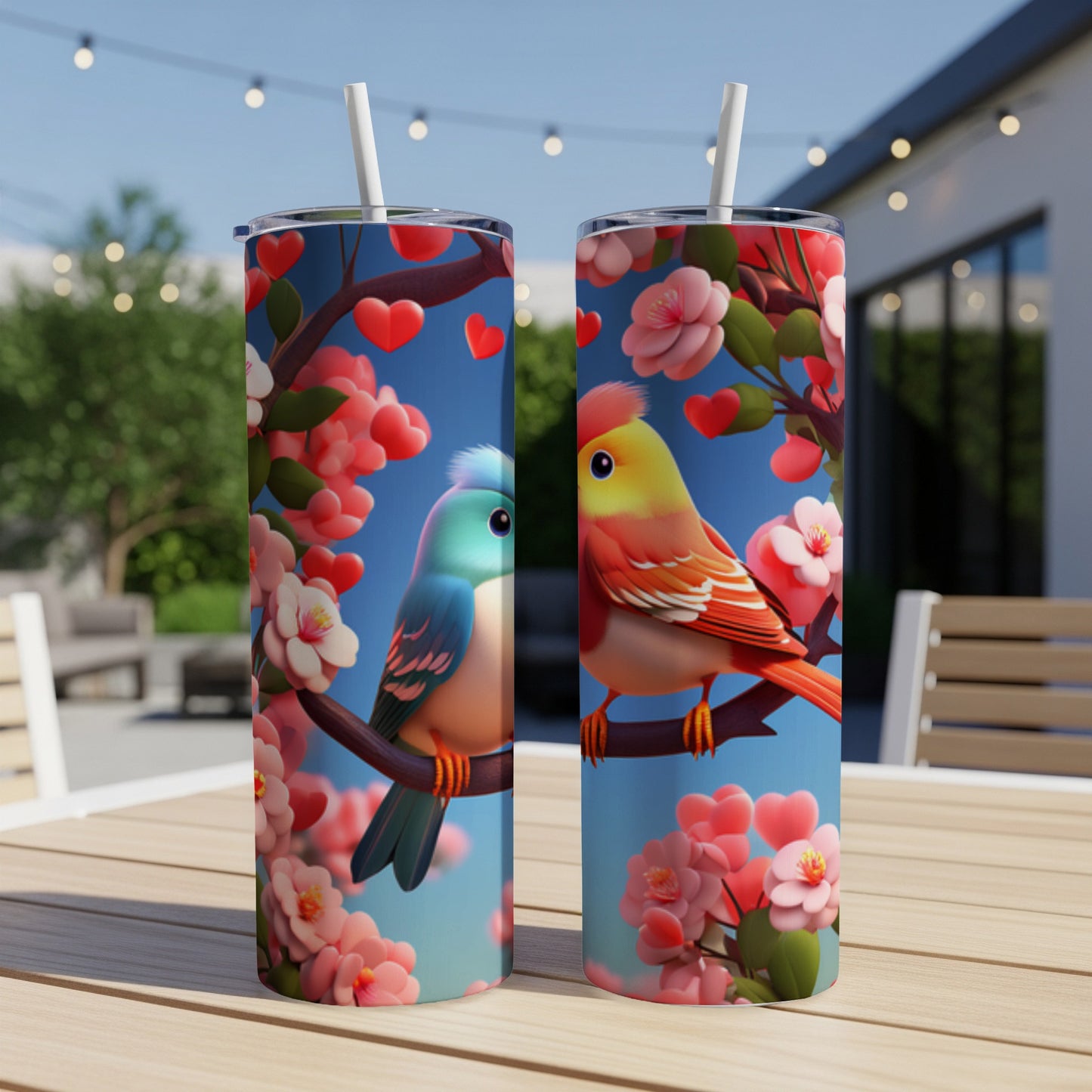 Two colorful birds on a cherry blossom branch, with hearts.
