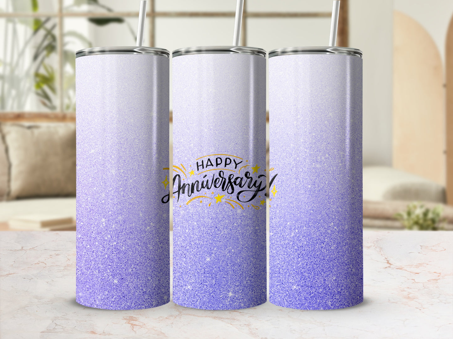 Purple ombre glitter tumbler with "Happy Anniversary" text.