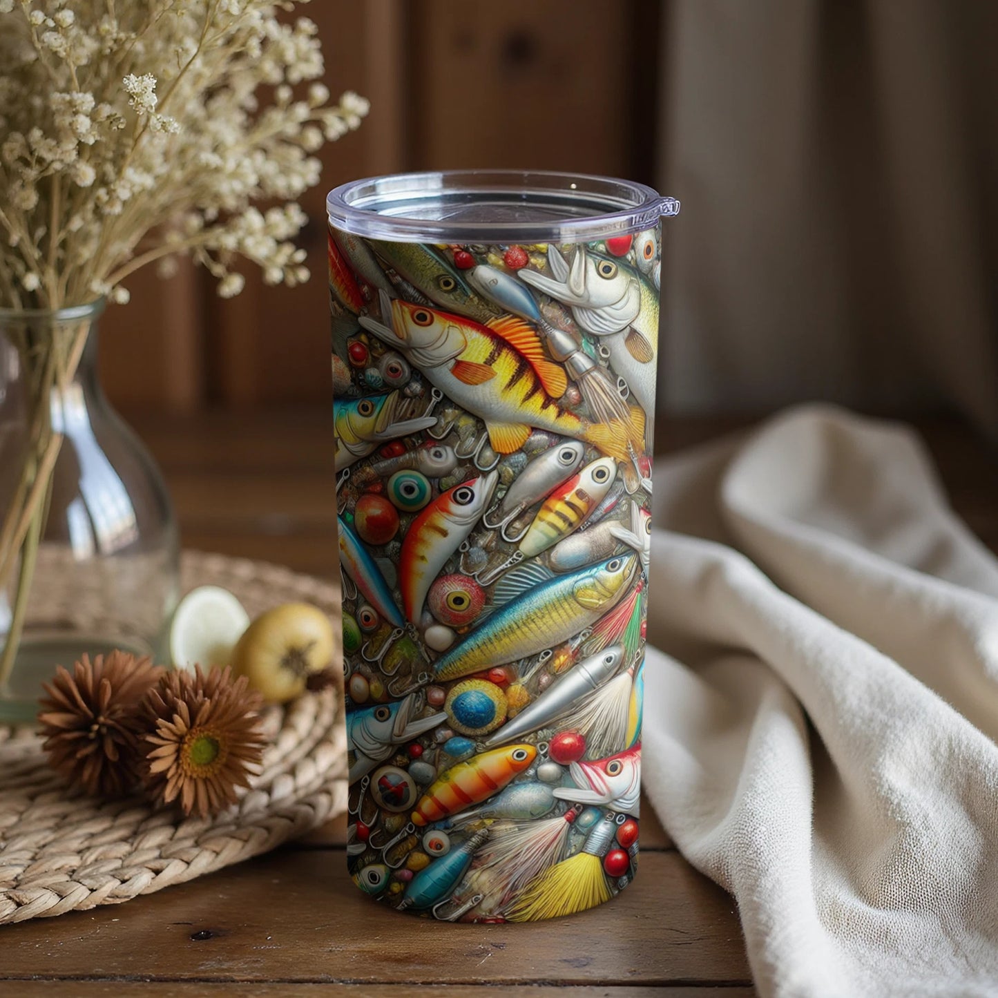 Vibrant Fishing Lures Patterned Travel Tumbler Product