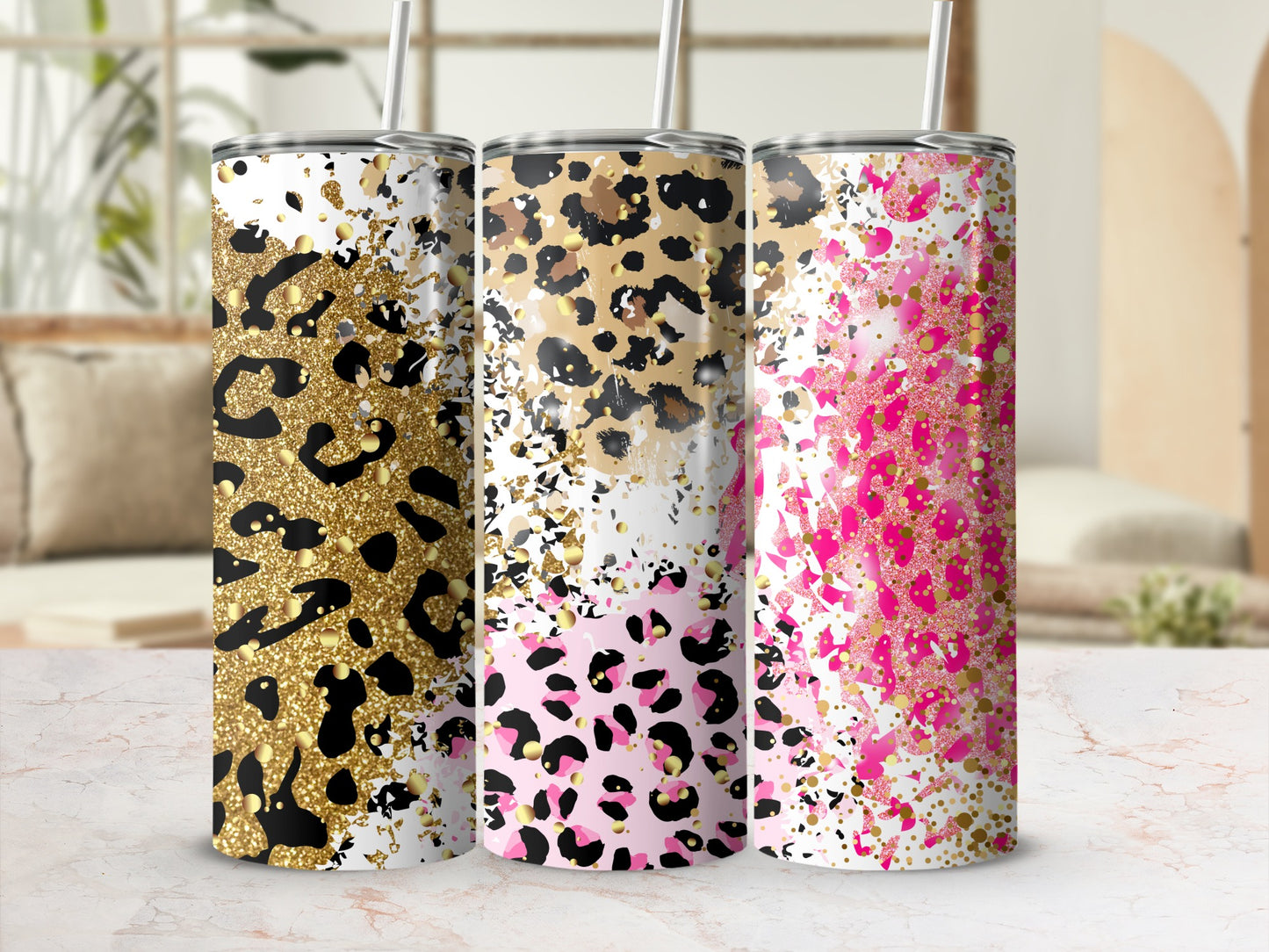 Leopard Print Glitter Tumbler with Straw Tumblers