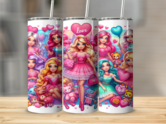 Pink tumbler with cartoon girls, hearts, and teddy bears.
