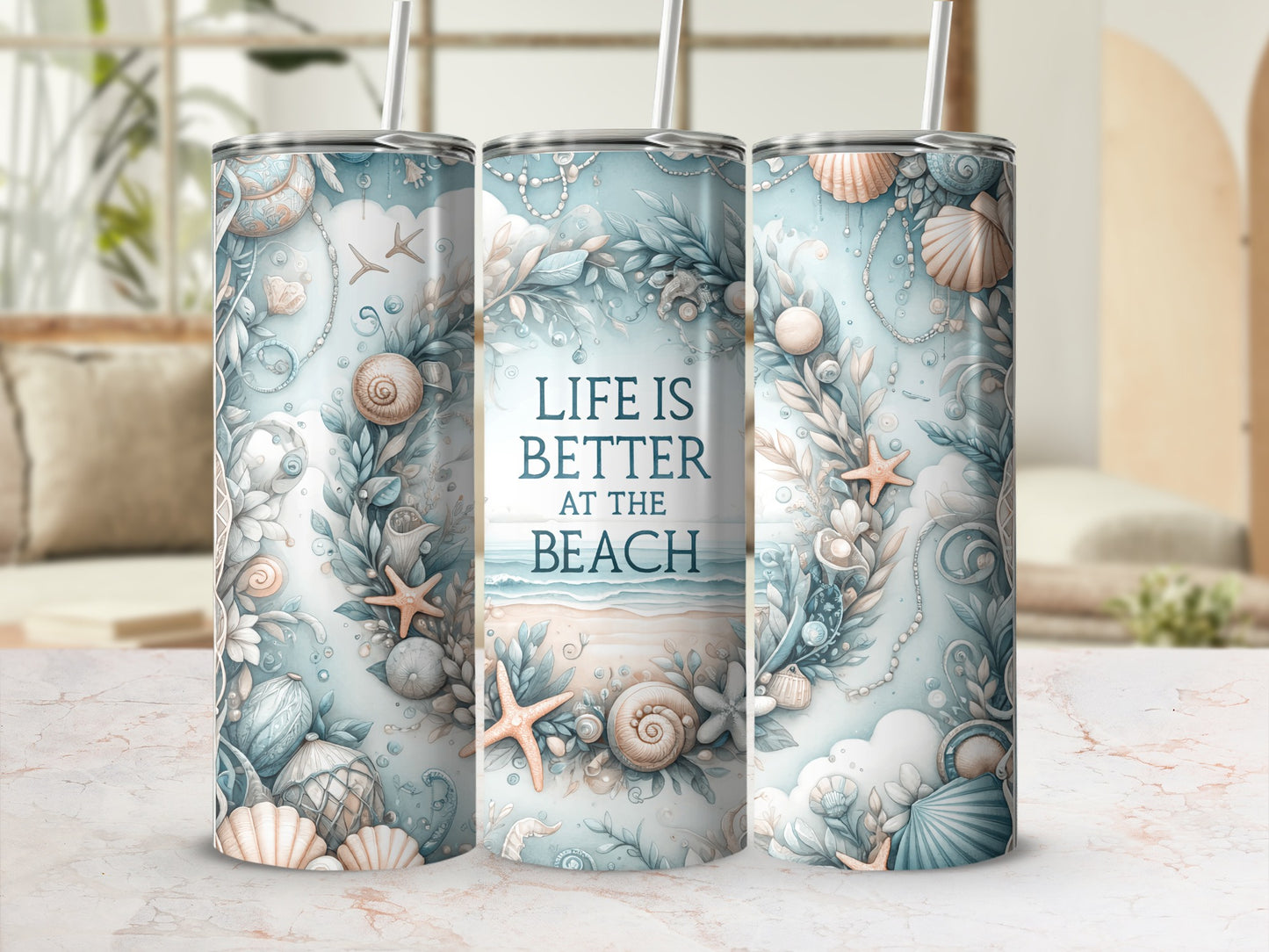 Tumbler with seashells, starfish, and "Life is better at the beach" text.