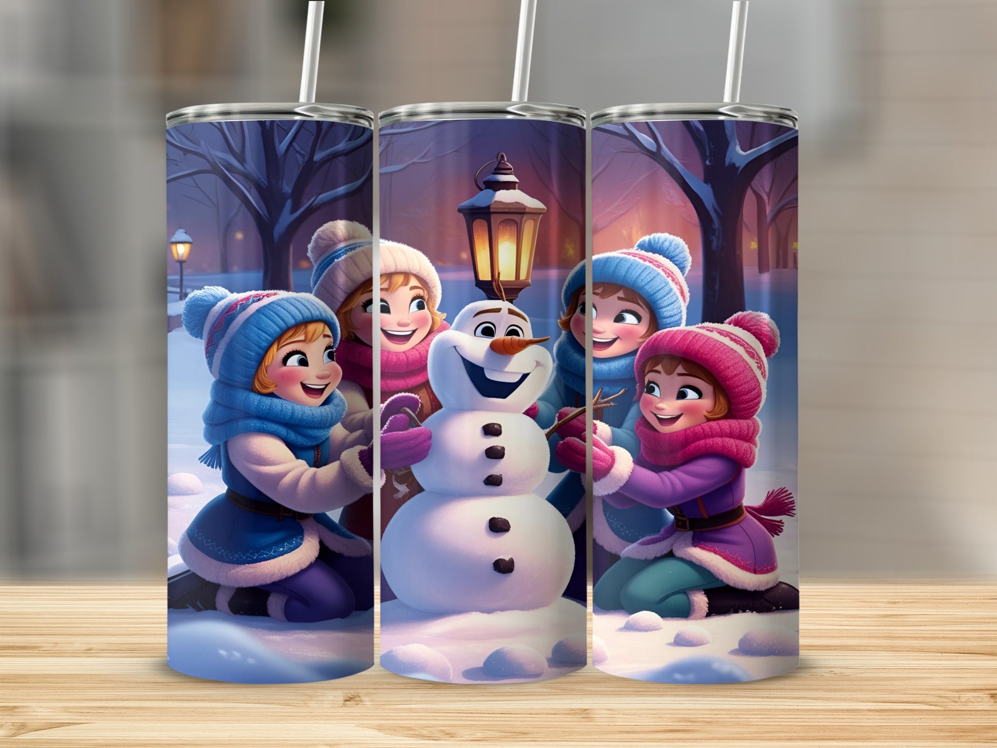 Three cartoon girls and Olaf build a snowman under a lamppost.