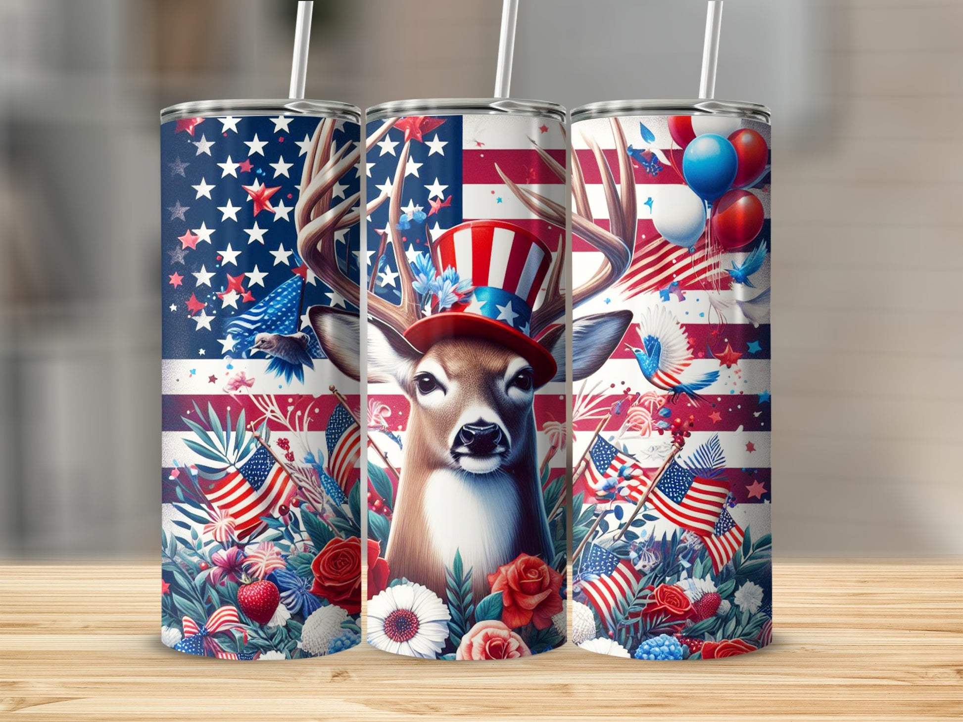 Deer wearing a hat with American flag motifs and patriotic designs on tumblers.