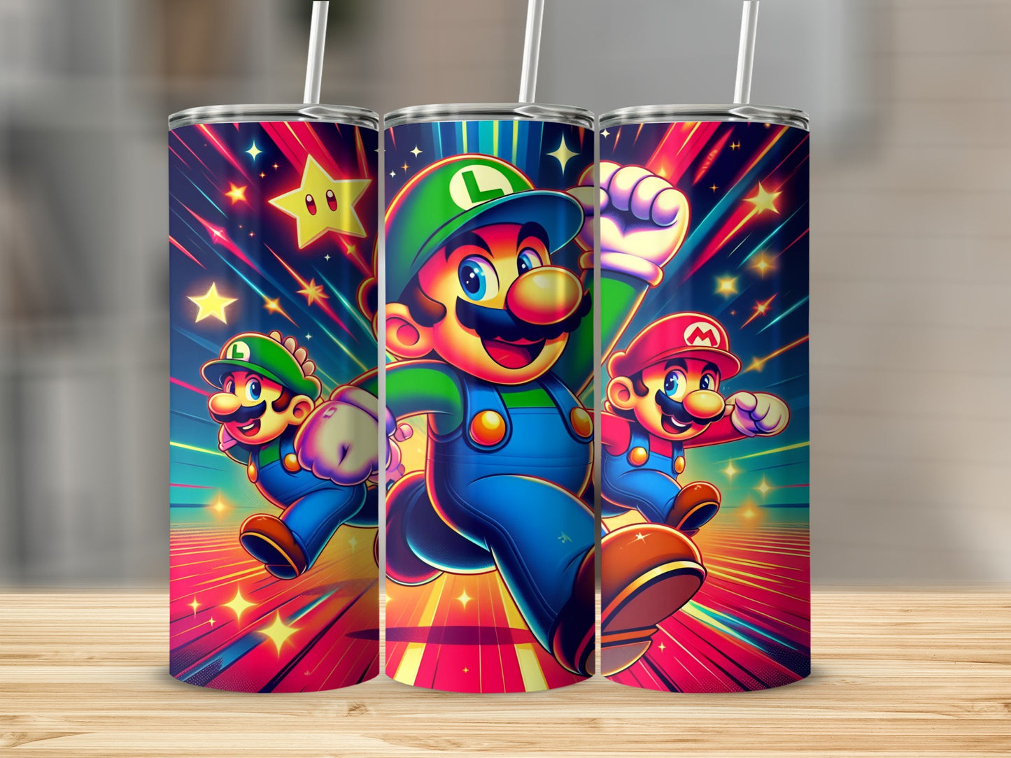 Mario and Luigi running with colorful stars and streaks on a tumbler.