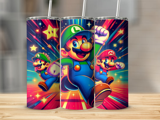 Mario and Luigi running with colorful stars and streaks on a tumbler.