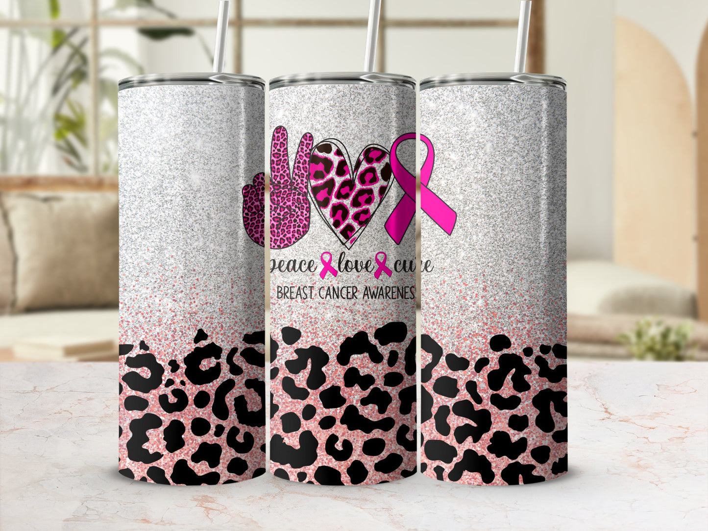 Tumbler with leopard print and breast cancer awareness symbols.