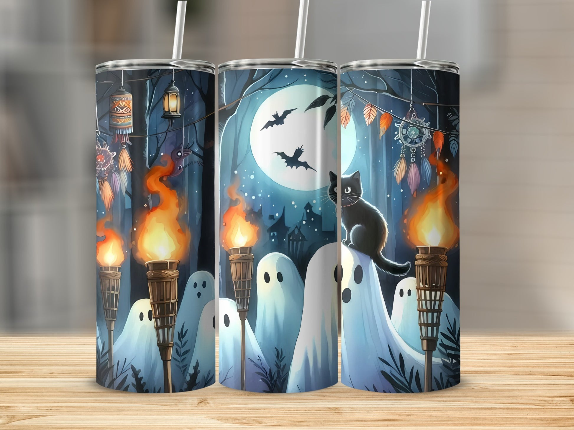 Halloween scene with black cat, ghosts, torches, and a full moon.