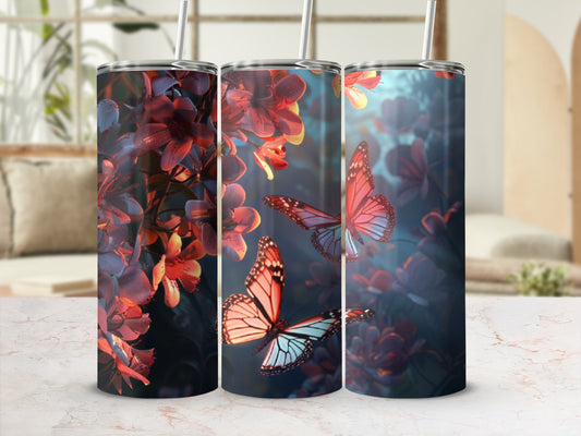 Three tumblers with orange and blue butterflies and red flowers.