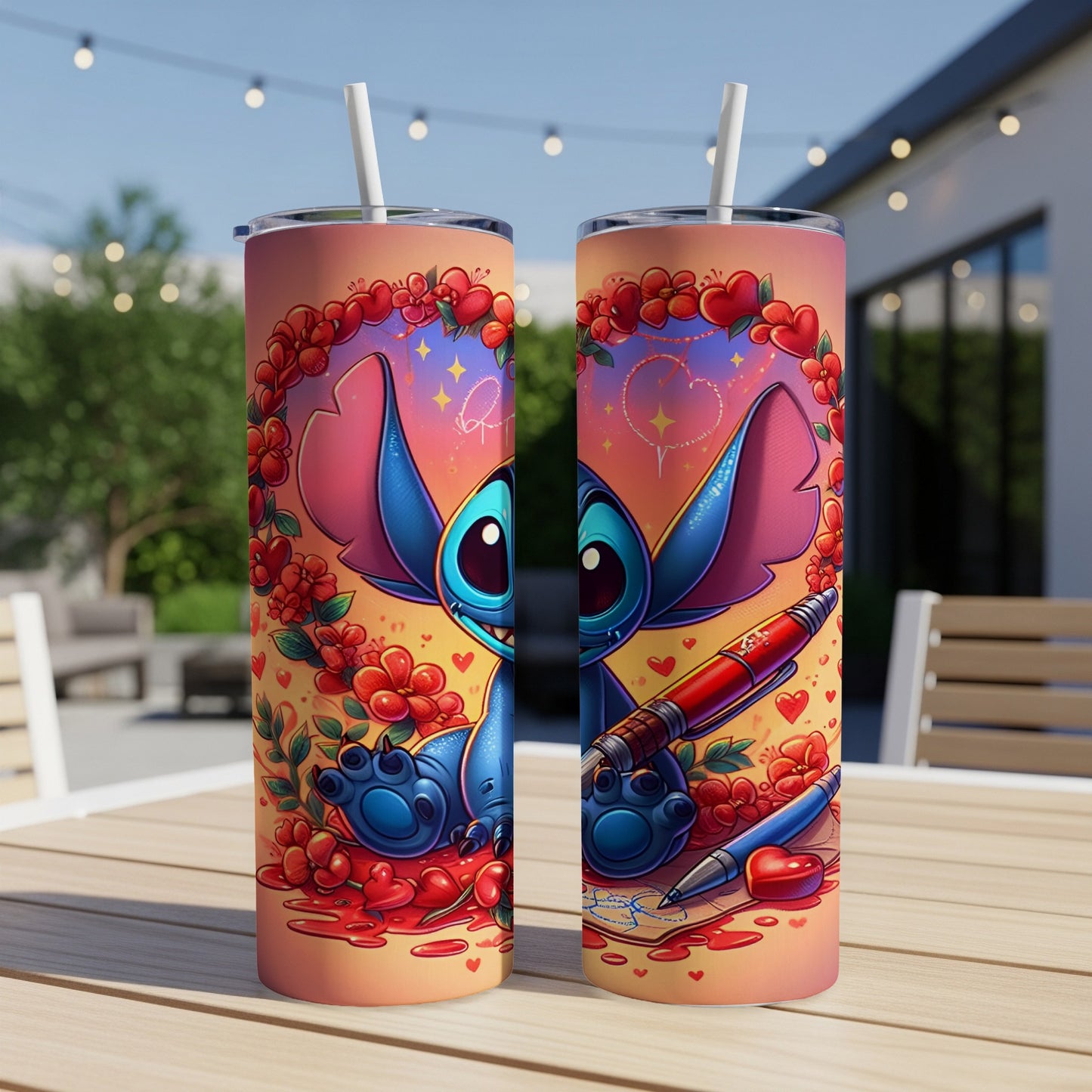 Stitch character with hearts and pens on a skinny tumbler.