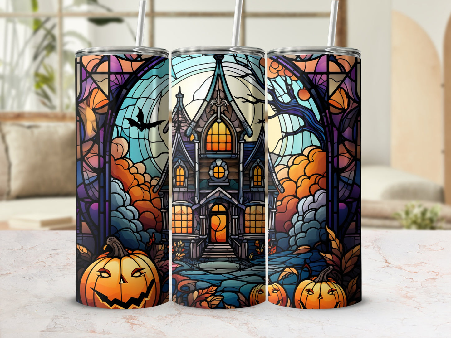 Spooky haunted house and pumpkins on stained glass-style tumbler.