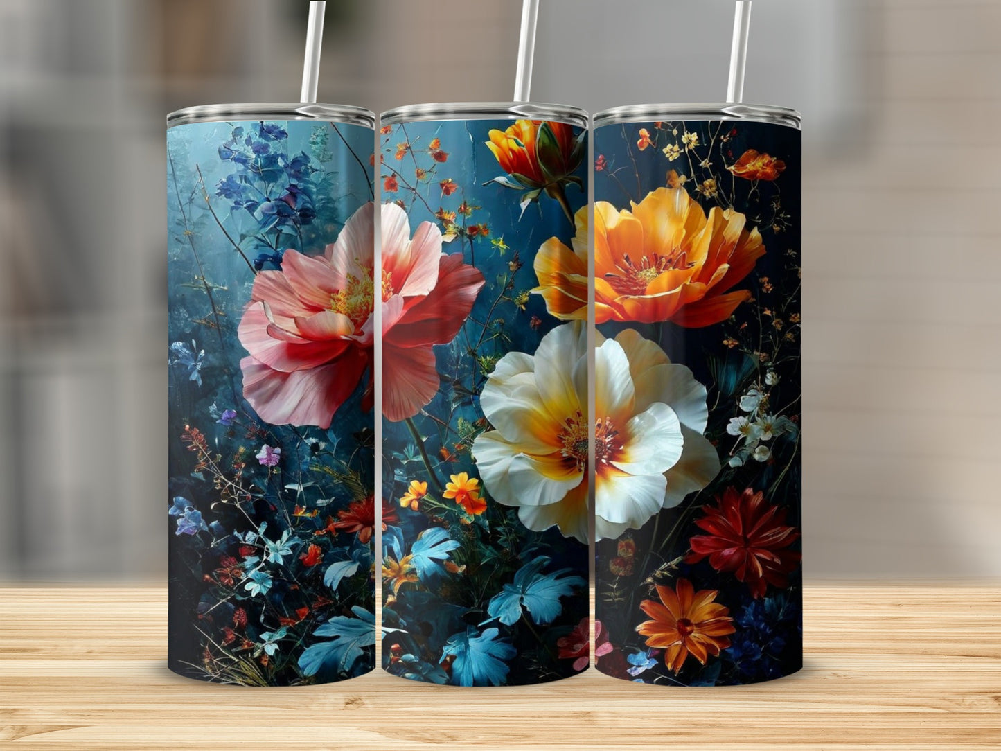 Three tumblers with a floral design featuring large pink, orange, and white flowers.