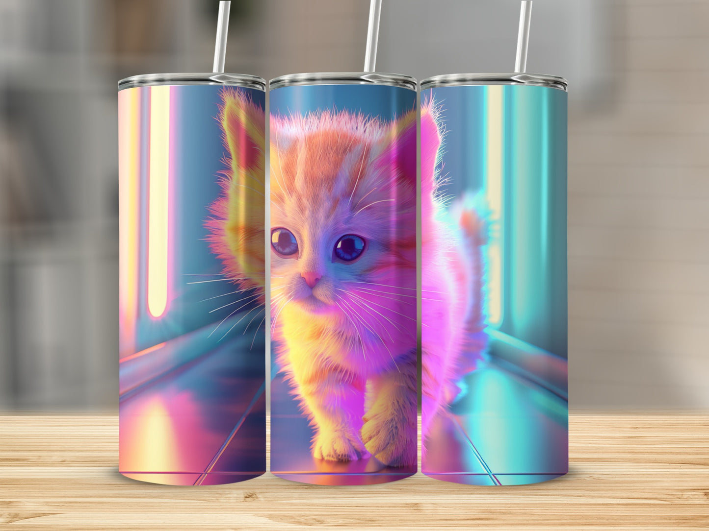 Three iridescent tumblers featuring a cute cartoon kitten with colorful lighting.