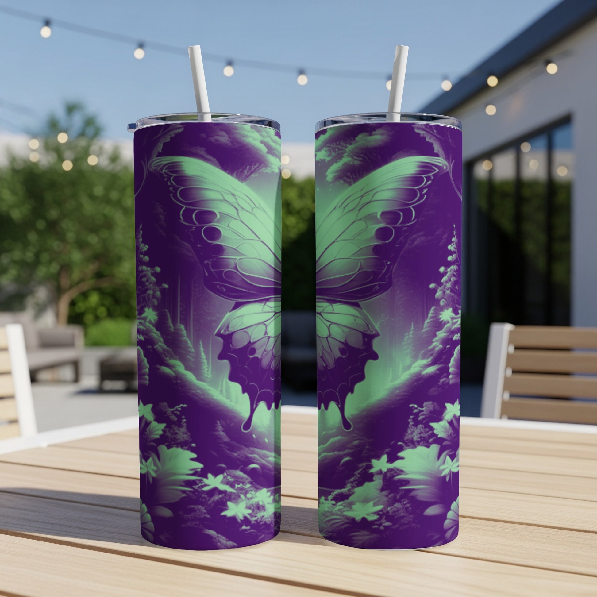 Two tall tumblers with a neon green butterfly and forest design.
