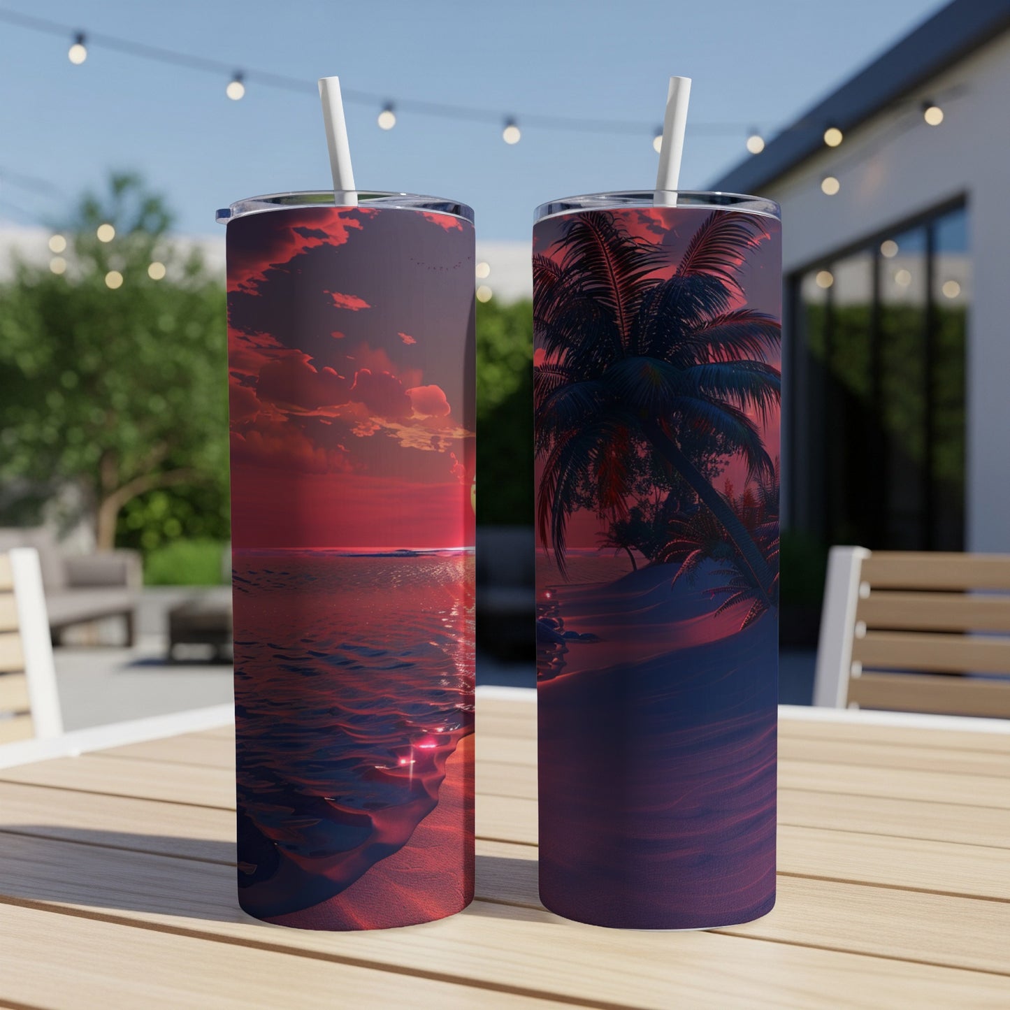 Two tumblers on a table with a beach sunset design.