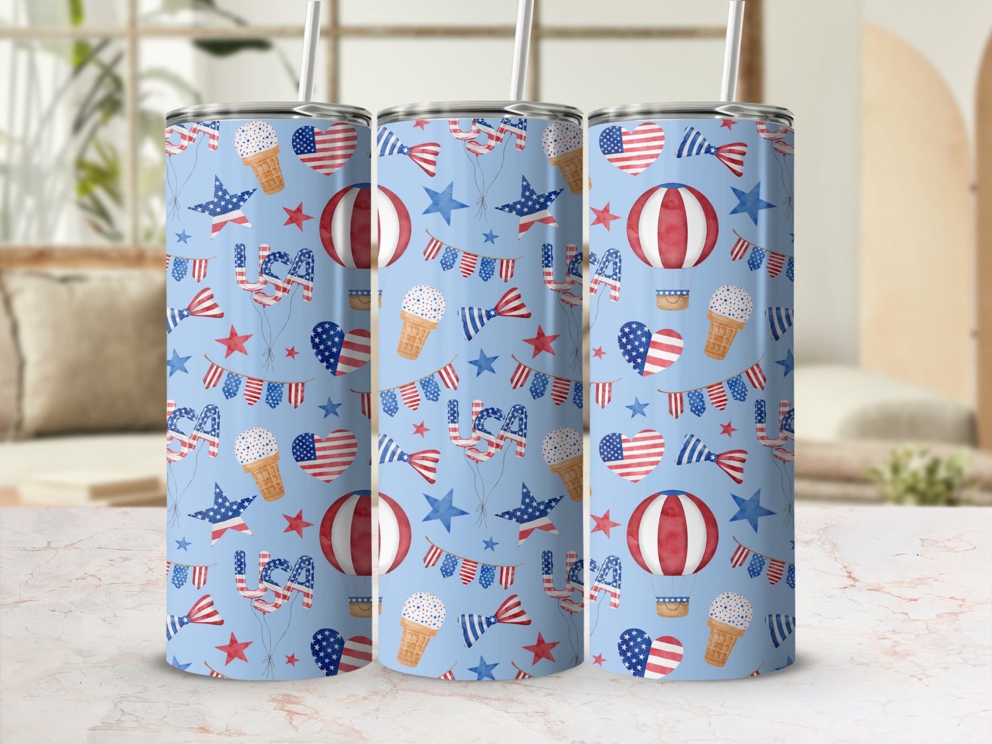 Patriotic-themed tumbler with American flags, stars, and balloons.
