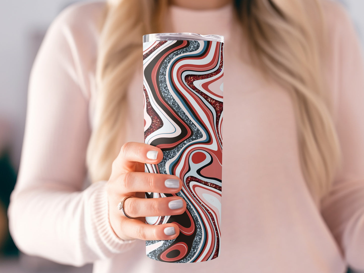 Swirling Reds Blues Browns with Glitter Accents Tumblers