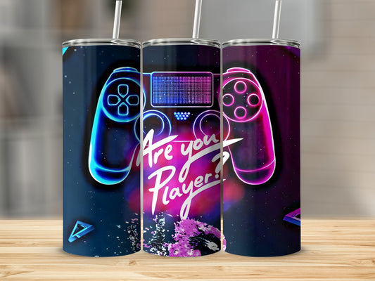 Neon controller graphic with "Are you Player?" text on a dark background.