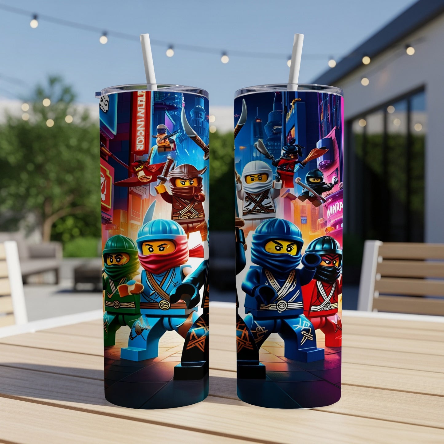 Two Ninjago-themed tumblers with characters Kai, Jay, and Cole on a city background.