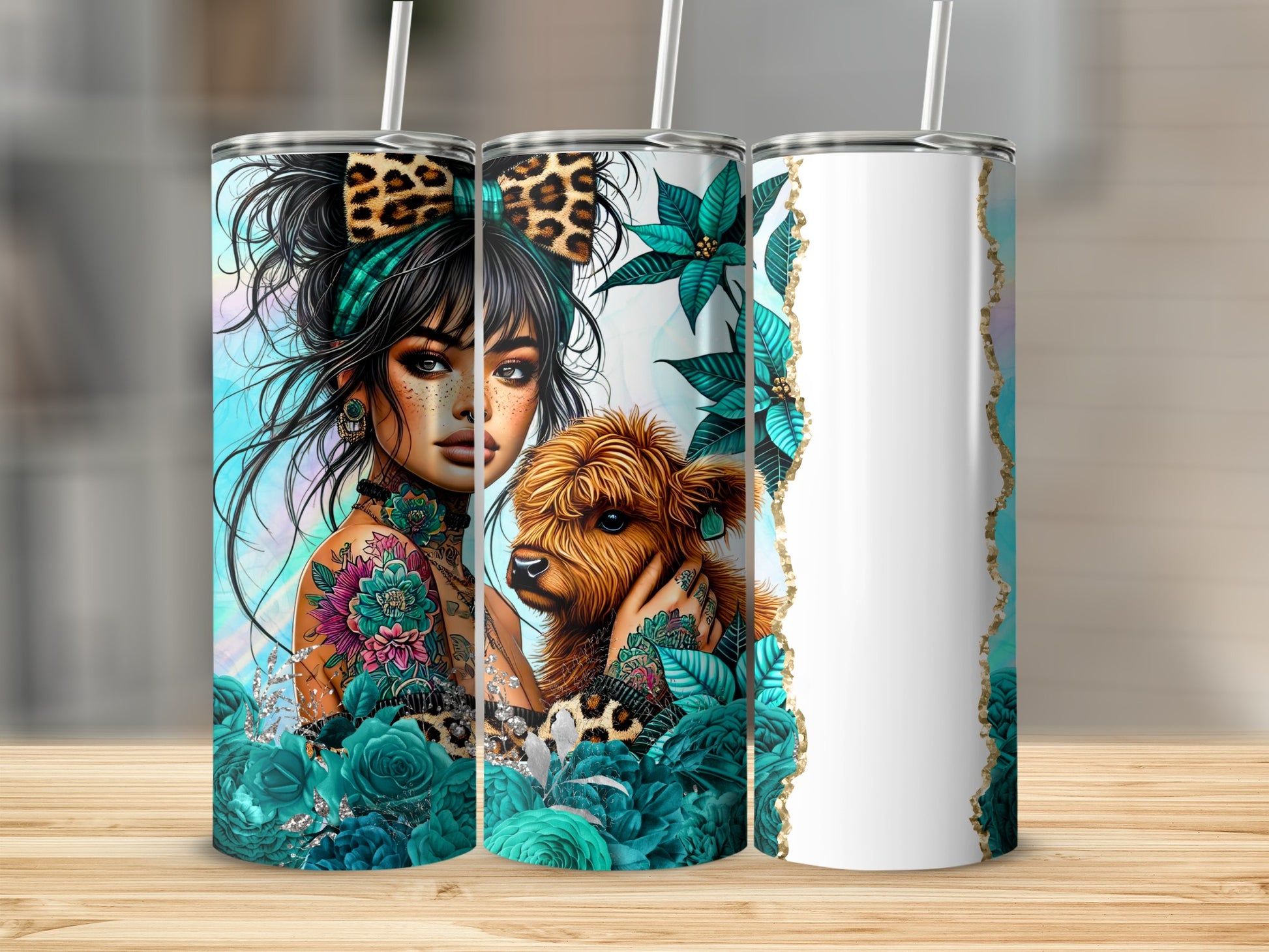 Tumbler with woman and dog in floral design, aqua and gold accents.