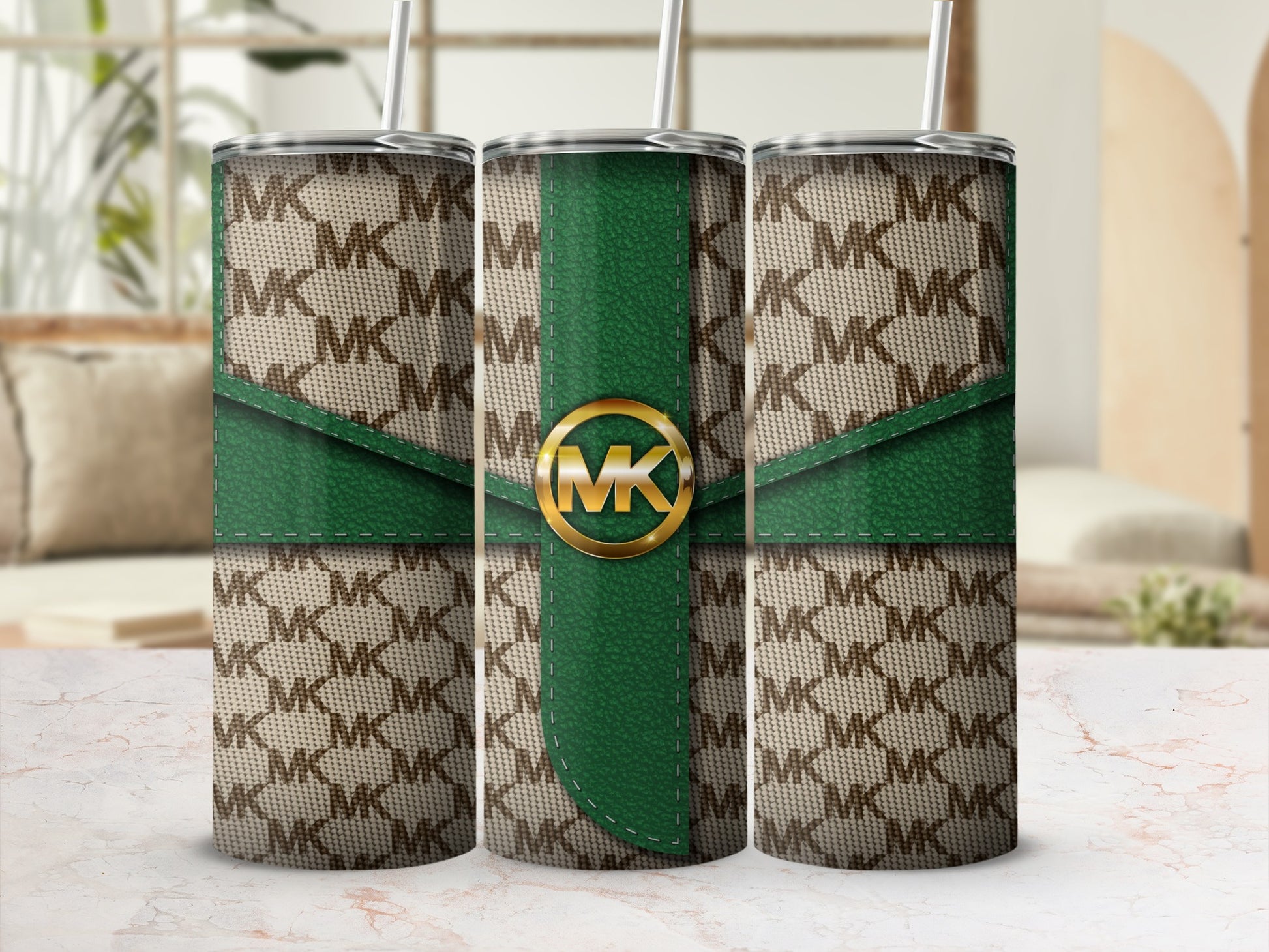 Stylish Green and Brown MK Pattern Tumbler with Straw