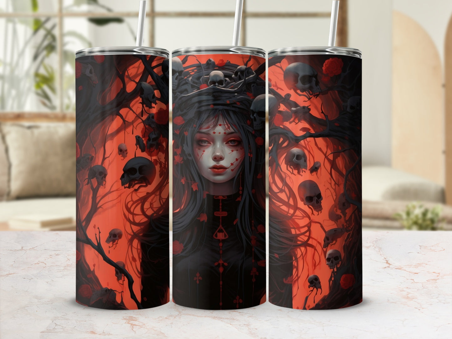 Tumbler with gothic art featuring a woman, skulls, and dark trees on an orange background.