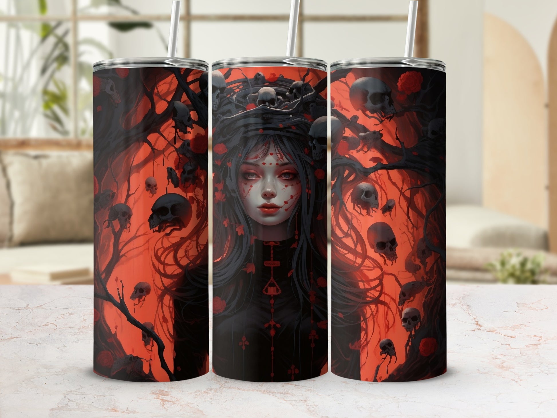Tumbler with gothic art featuring a woman, skulls, and dark trees on an orange background.