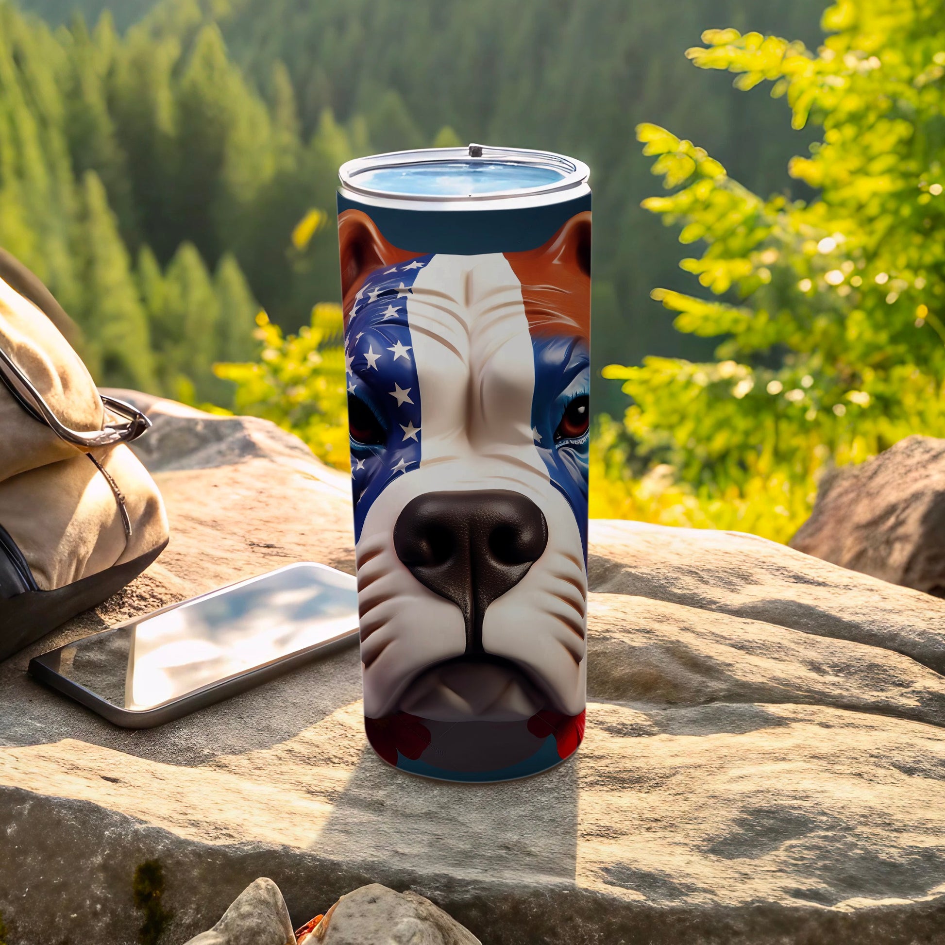 Tumbler with a pit bull dog face design, patriotic colors.