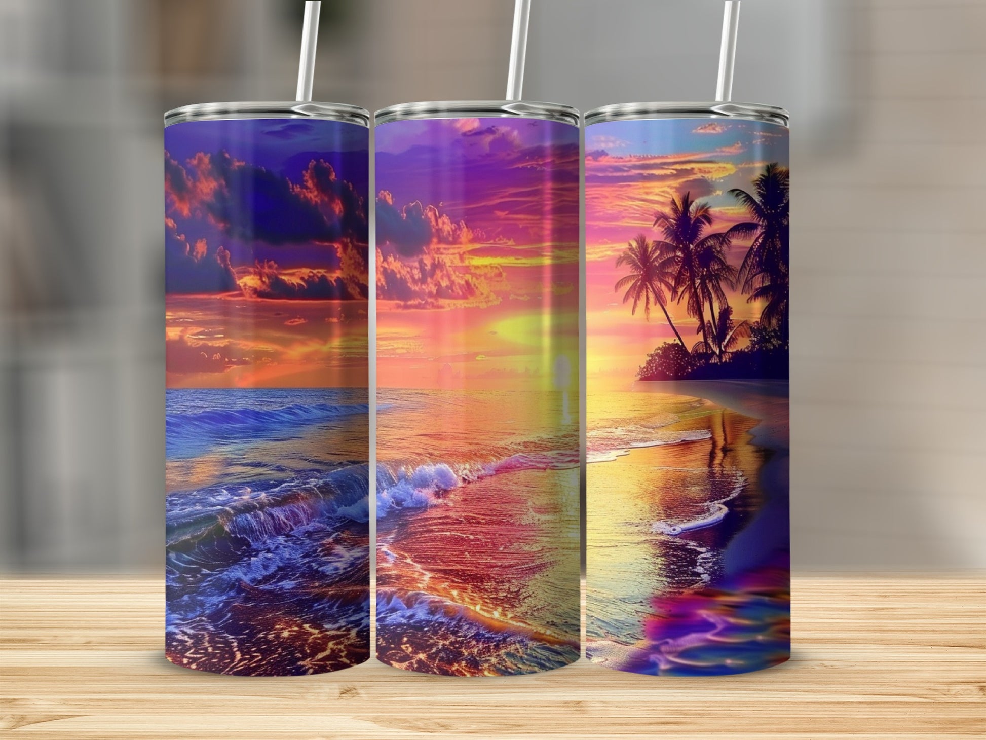 Triptych of tumblers featuring a vibrant sunset over a tropical beach scene.