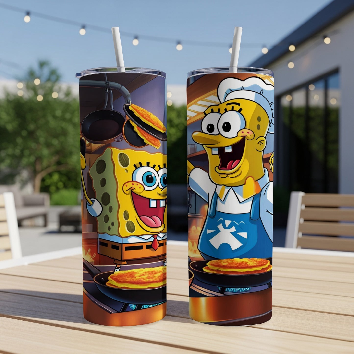 SpongeBob SquarePants cooking pancakes on a stovetop, on two tumblers.