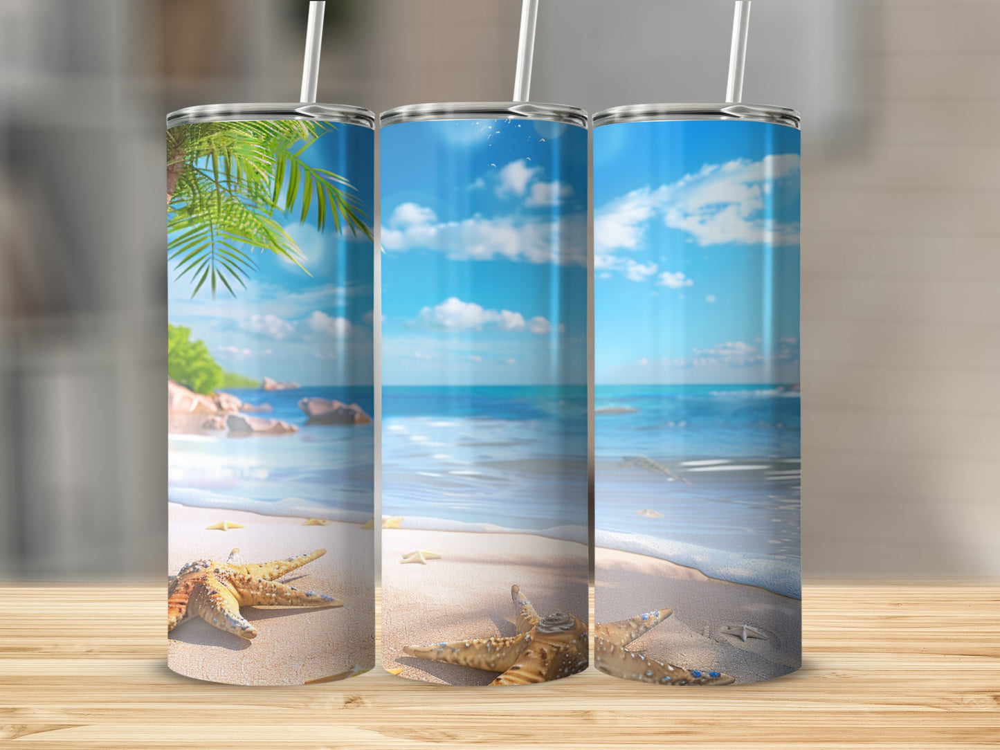 Beach scene tumbler with starfish and palm fronds on a wooden surface.