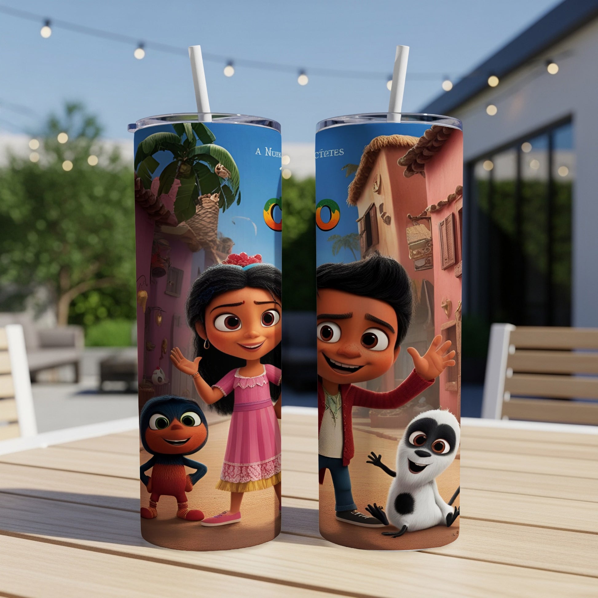 Two tumblers featuring animated characters from Encanto: Mirabel, Antonio, and a capybara.