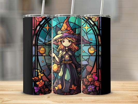 Stained glass witch with lantern, set against colorful floral and celestial window.